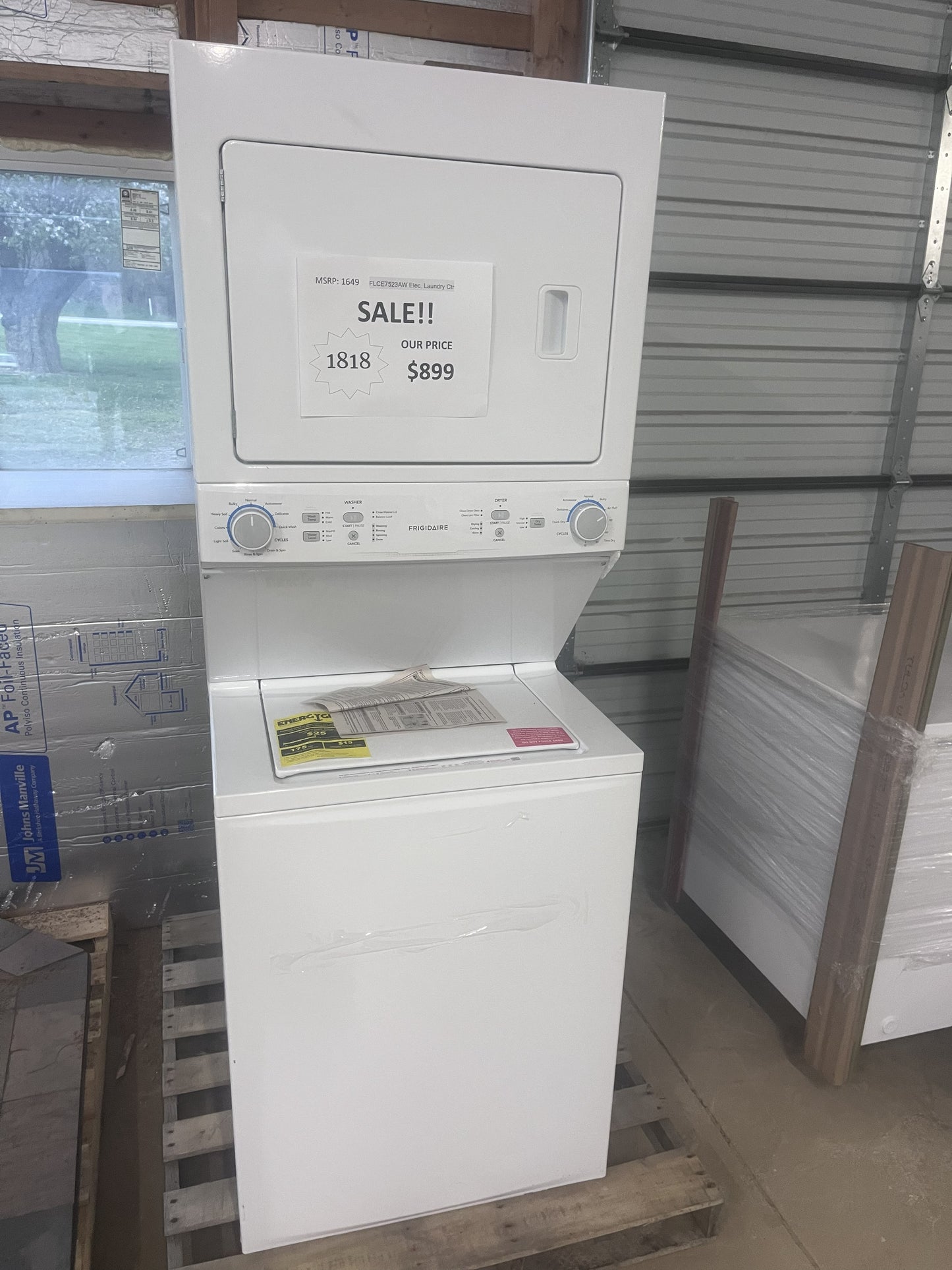 #1818- Frigidaire Long Vent Electric Stacked Laundry Center with 3.9-cu ft Top load Washer and 5.5-cu ft Dryer ( White )