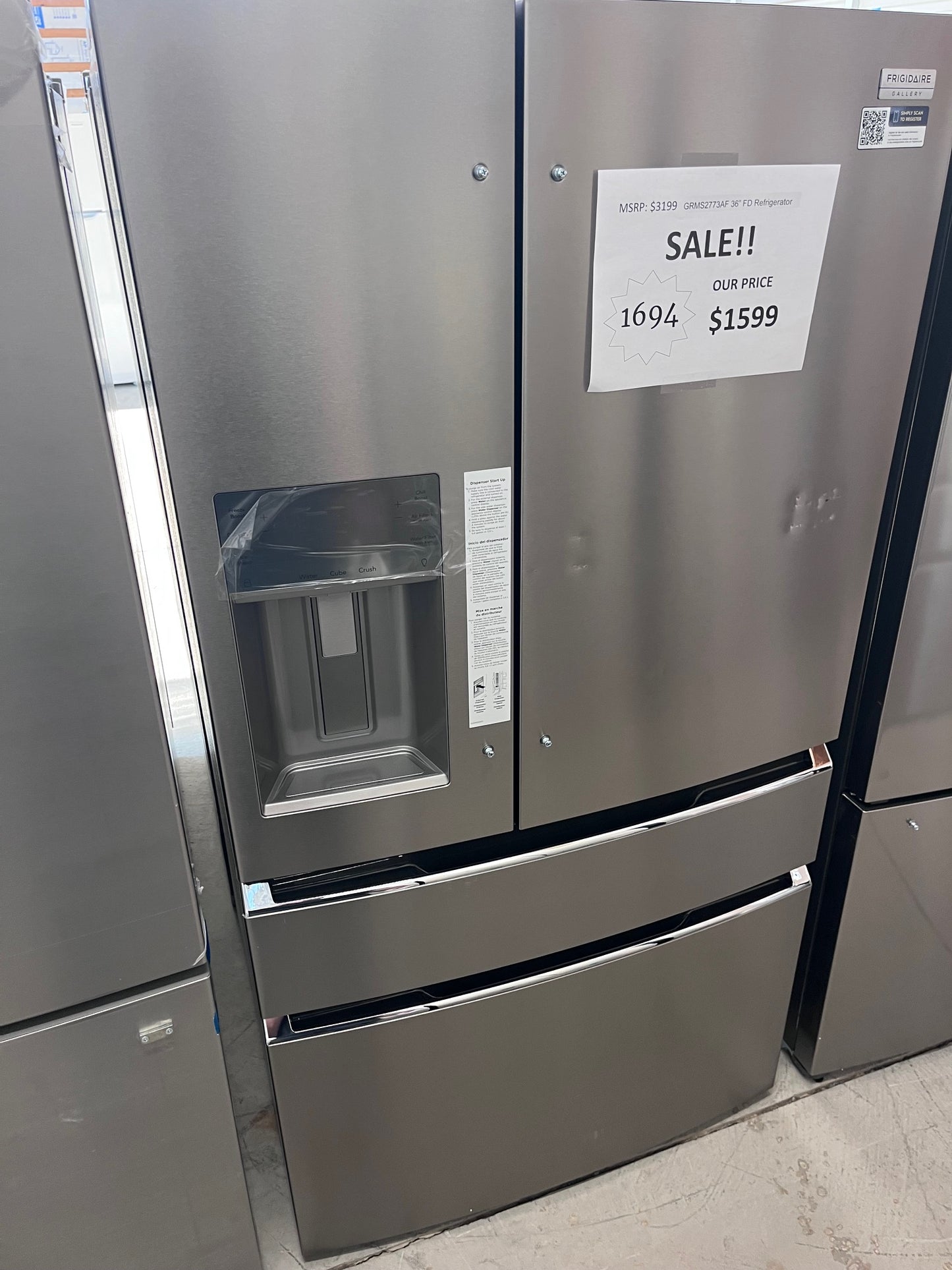 #1694- Frigidaire Gallery 36 in. 26.3 cu. ft. 4-Door French Door Standard Depth Refrigerator in Smudge-Proof Stainless Steel