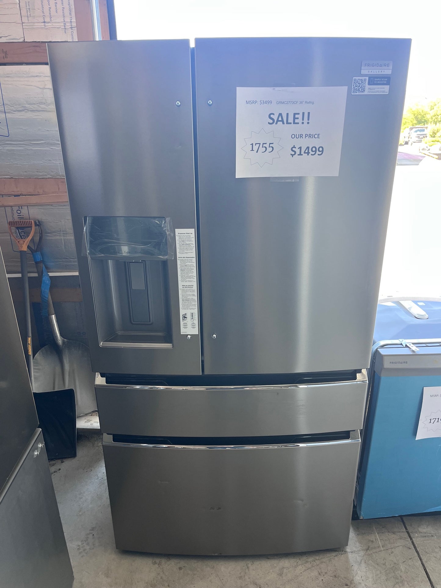 #1755- Frigidaire Gallery 36 in. 22 cu. ft. Counter-Depth 4-Door French Door Refrigerator in Smudge-Proof Stainless Steel