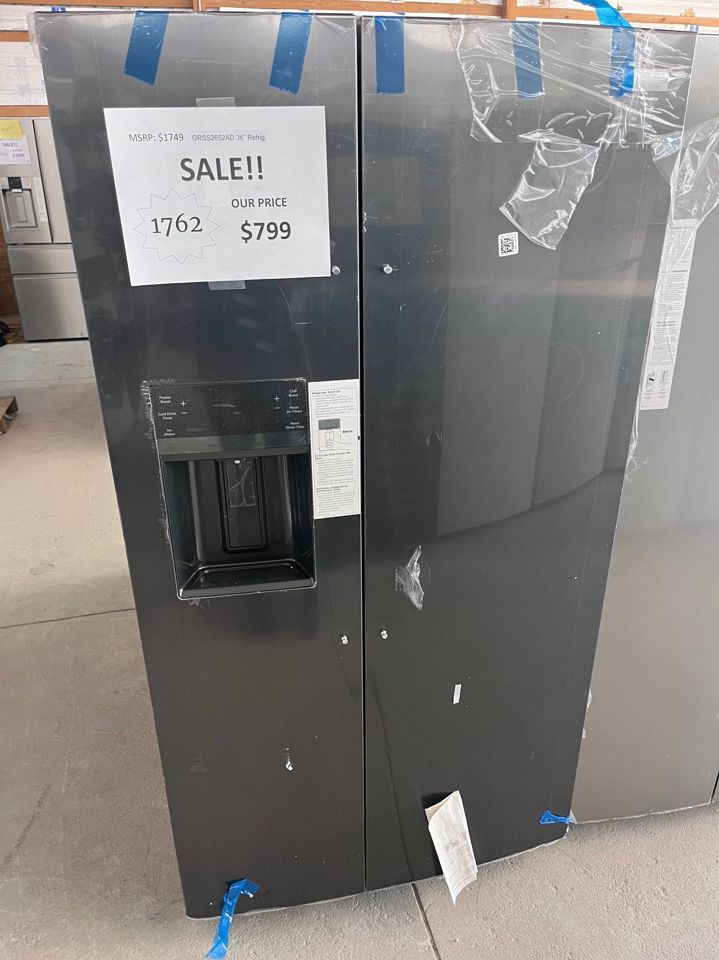 #1762- Frigidaire Gallery 36 in. 26 cu. ft. Standard Depth Side by Side Refrigerator in Smudge-Proof Black Stainless Steel