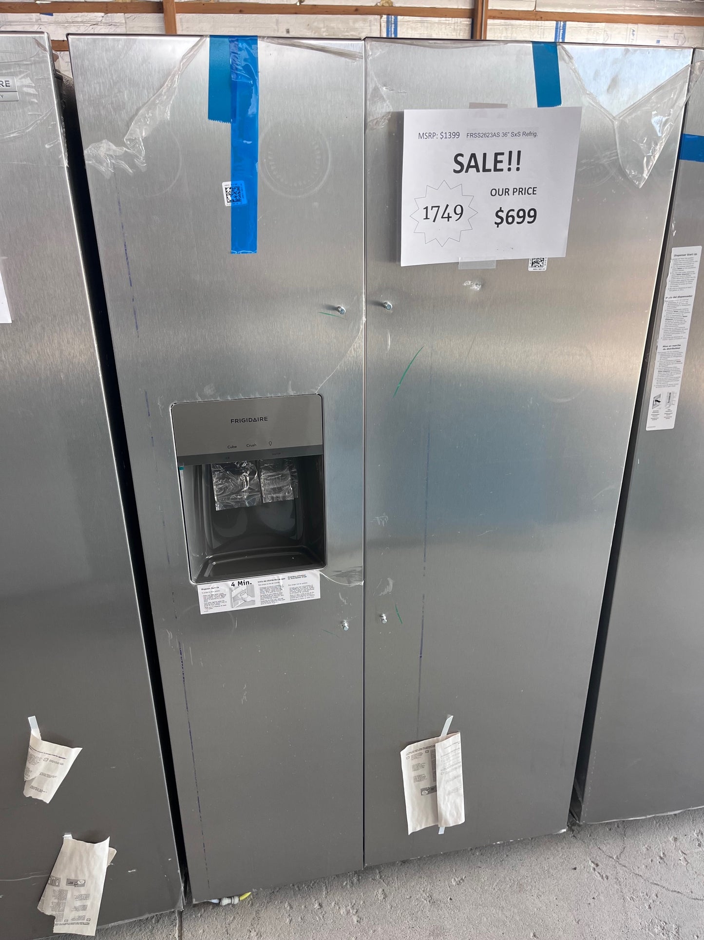 #1749- Frigidaire 36 in. 26 cu. ft. Standard Depth Side by Side Refrigerator in Stainless Steel