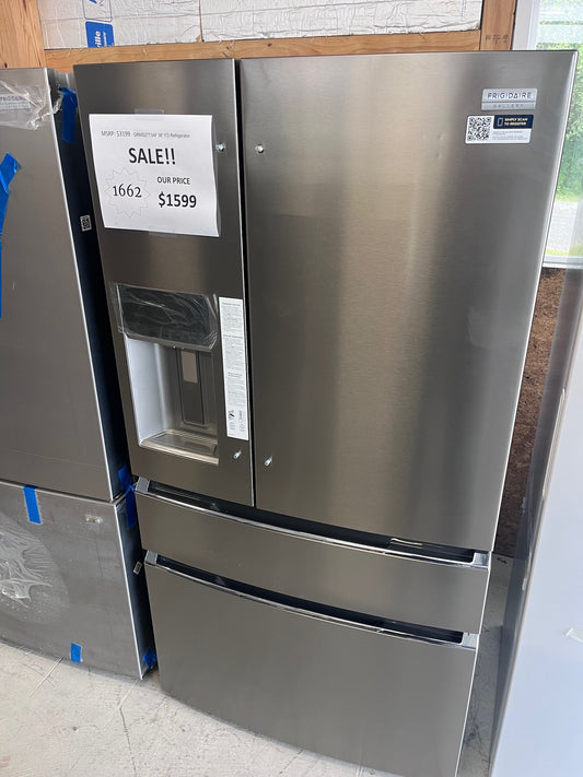 #1662- Frigidaire Gallery 36" Standard-Depth 26.3-cu ft 4 -Door French Door Refrigerator with Ice Maker with Water and Ice Dispenser ( Fingerprint Resistant Stainless Steel ) 