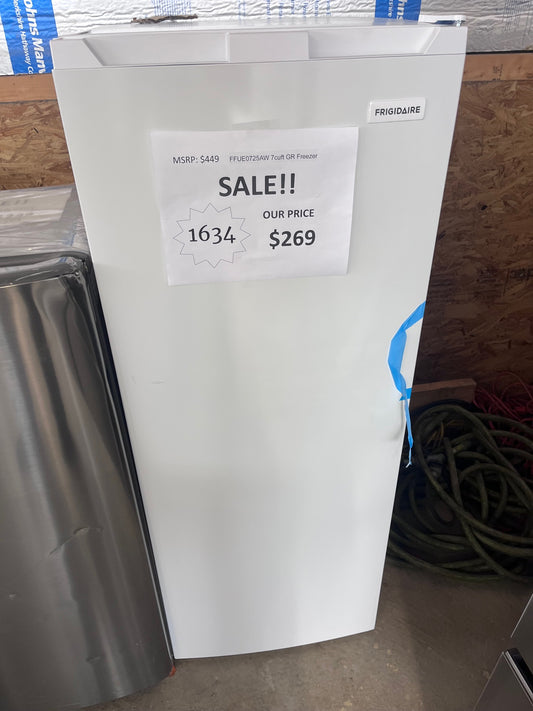 #1634- Frigidaire 7 Cu. Ft. Garage Ready Upright Freezer in White, Energy Star