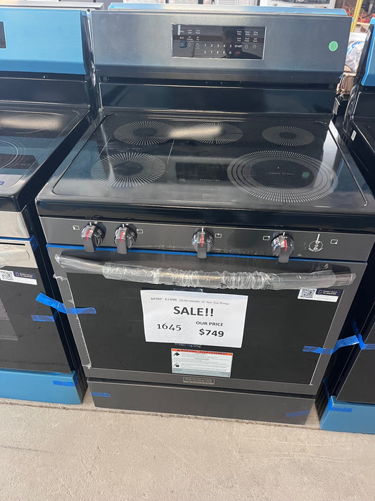 #1645- Frigidaire Gallery 30-in Glass Top 5 burners 5.3-cu ft Air Fry Convection Oven Freestanding Electric Range Smudge-Proof Black Stainless Steel )