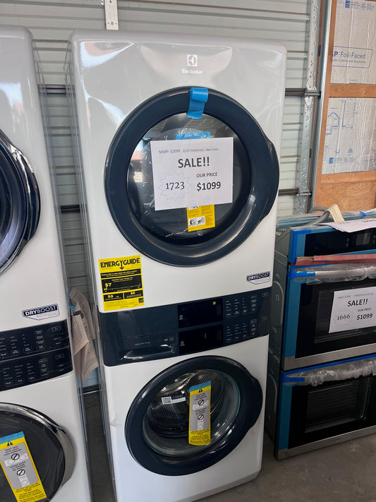 #1723- Electrolux 4.4cuft Stacked Washer and 8.0cuft Electric Dryer Laundry Tower in White with LuxCare Wash, Energy Star
